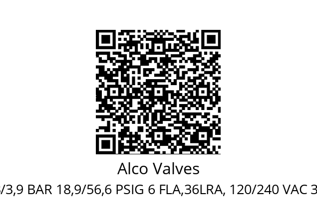   Alco Valves PS3-A3R PCN:0714500 1,3/3,9 BAR 18,9/56,6 PSIG 6 FLA,36LRA, 120/240 VAC 3 A/230 VAC-AC15 PS:27BAR/39