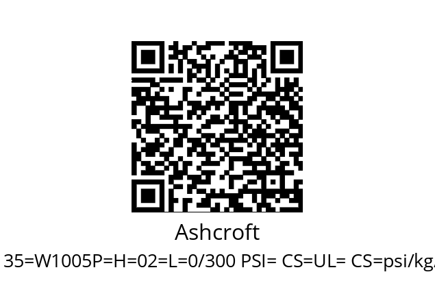   Ashcroft 35=W1005P=H=02=L=0/300 PSI= CS=UL= CS=psi/kg/cm²