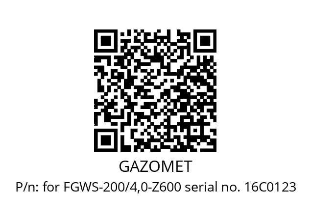   GAZOMET for FGWS-200/4,0-Z600 serial no. 16C0123