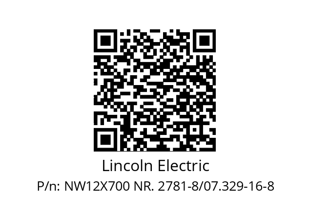   Lincoln Electric NW12X700 NR. 2781-8/07.329-16-8